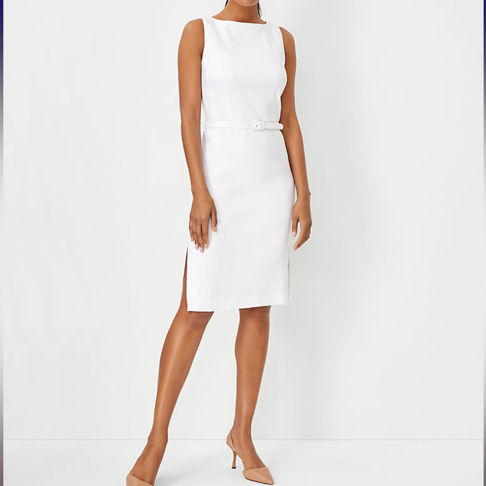 NWT Ann Taylor Belted Boatneck Sheath Dress Herringbone Linen Blend, white, 00